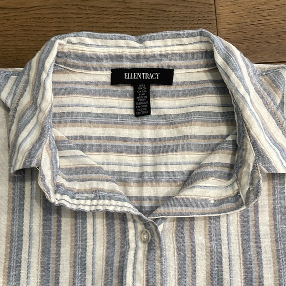 Ellen Tracey Linen Blend Striped Button-Up Women's Top Cream Tan Blue Small - Picture 6 of 9